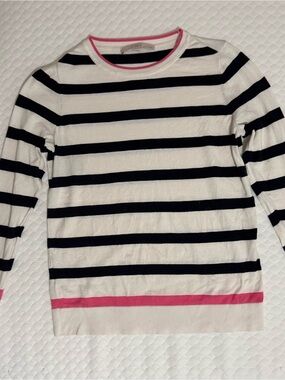 LOFT Petites White Navy Striped Sweater with Pink Trim